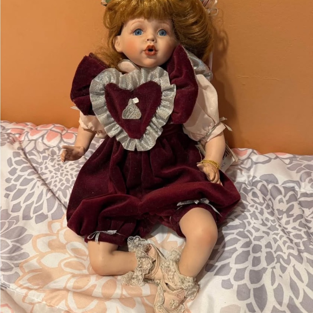 Classic Burgundy Doll with Heart Dress